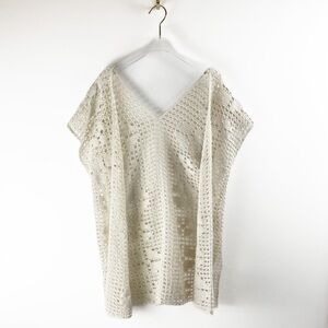 Handmade Boho Crochet Doily open Neutral tone Short Sleeve Cardigan Womens L